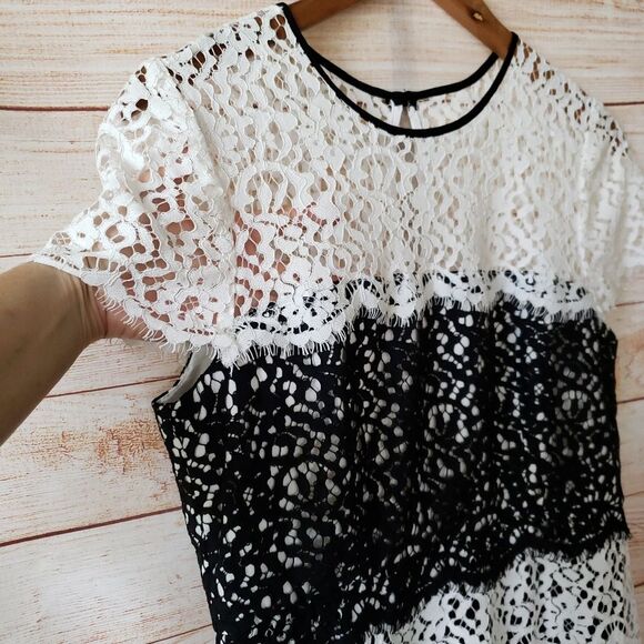 Milly Gabrielle Tiered Color Blocked Lace Shift Mini Dress Women's Size 10 - Picture 5 of 11